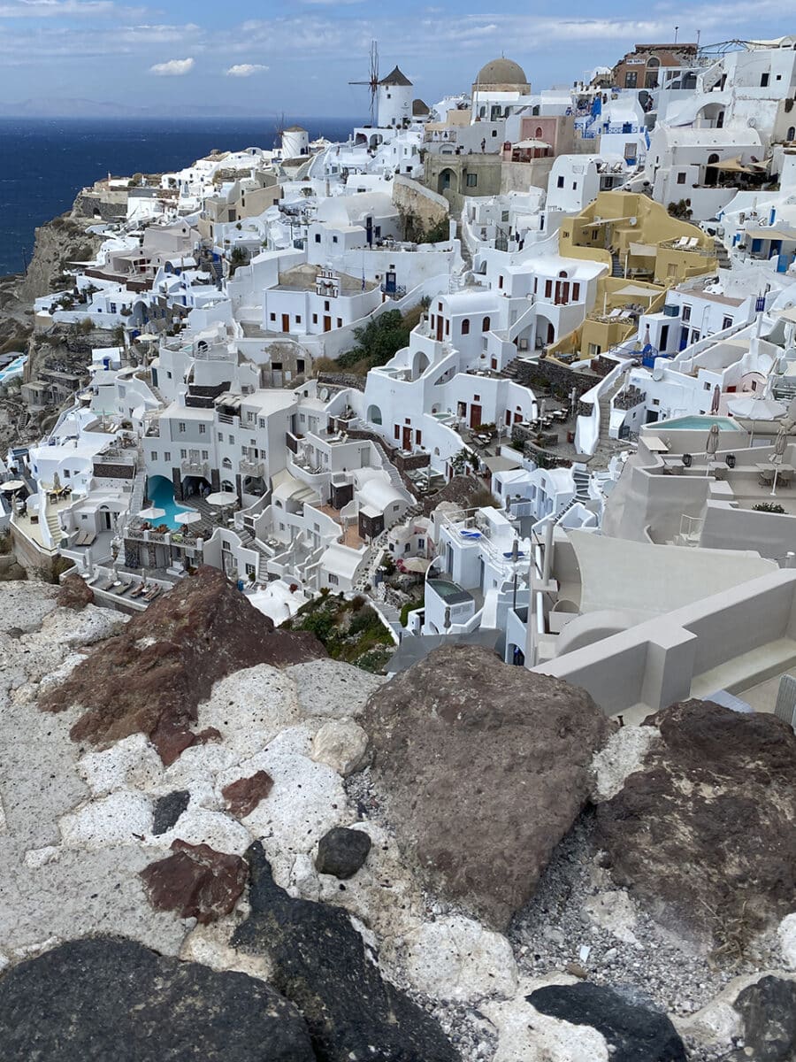 A beautiful cemetery and a view of Oia.