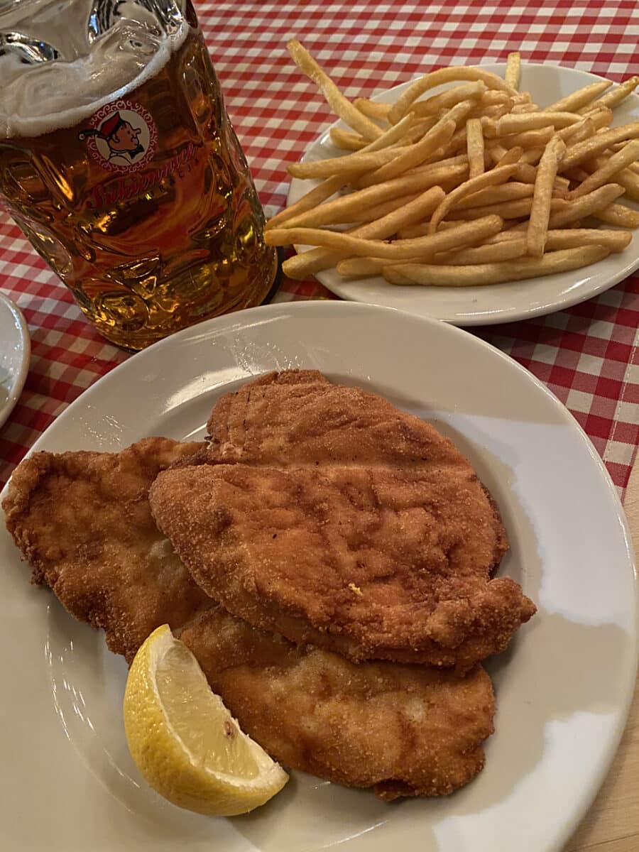 Restauracja Sukiennice, schnitzel, pickles and beer, Kraków.