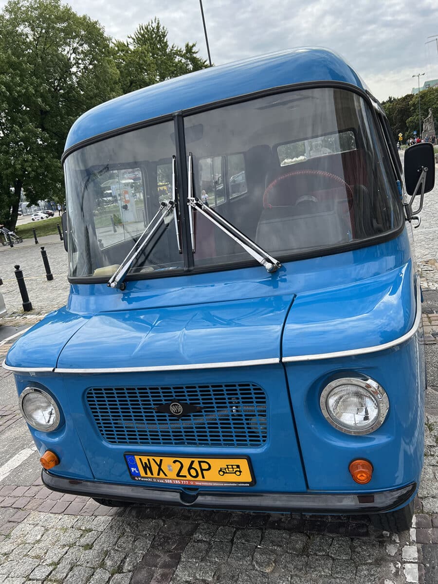 Vintage vehicle outside the Palace of Culture, Warsaw.